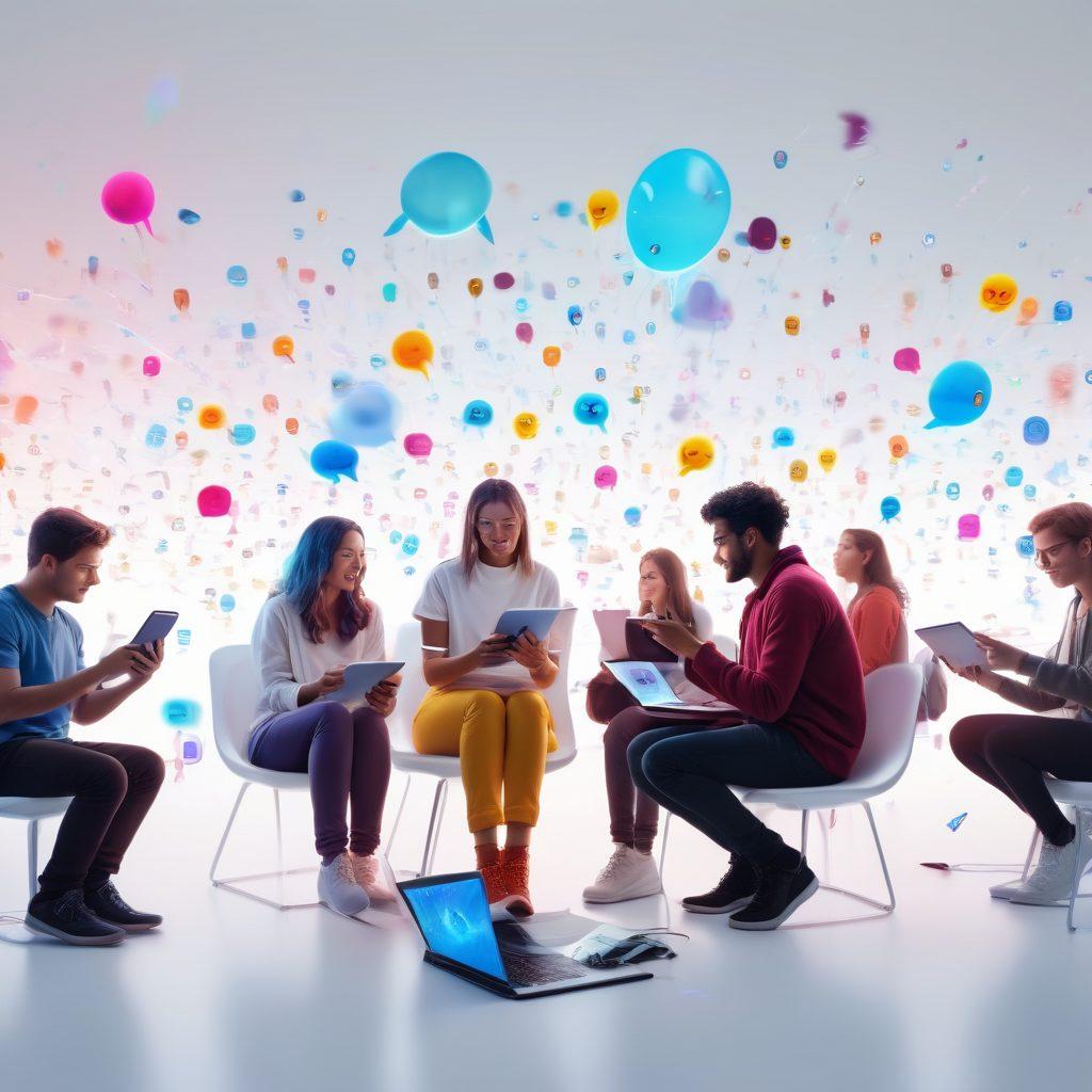 A vibrant, futuristic scene featuring people engaging in dynamic conversations through various devices such as smartphones, laptops, and tablets, all interconnected with vibrant digital chat bubbles and icons like emojis and message notifications swirling around them. super-realistic. vibrant colors. white background.