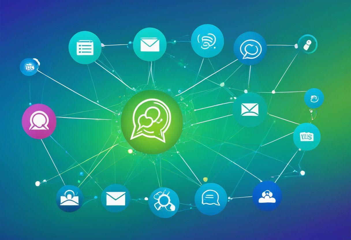 A vibrant digital collage of the top 10 web messaging app icons, interconnected by colorful lines and nodes, symbolizing seamless online communication. The background should be a gradient of blues and greens, evoking a sense of connectivity and technology. Each app icon should be prominently displayed and instantly recognizable. vector art. vibrant colors.